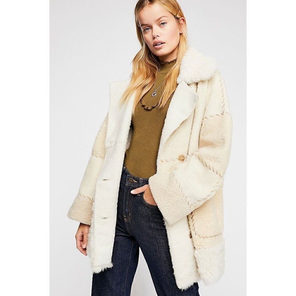 $2200 FREE PEOPLE Sz M BRENDA KNIGHT PATCHWORK SHERPA LAMBSKIN SHEARLING COAT